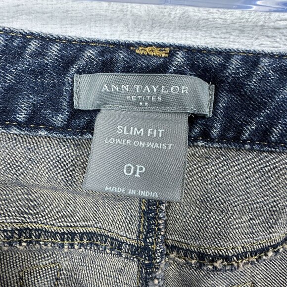 Ann Taylor Straight Jeans Slim Fit Lower On Waist Embroidered Back Women 0P Blue - Picture 5 of 12